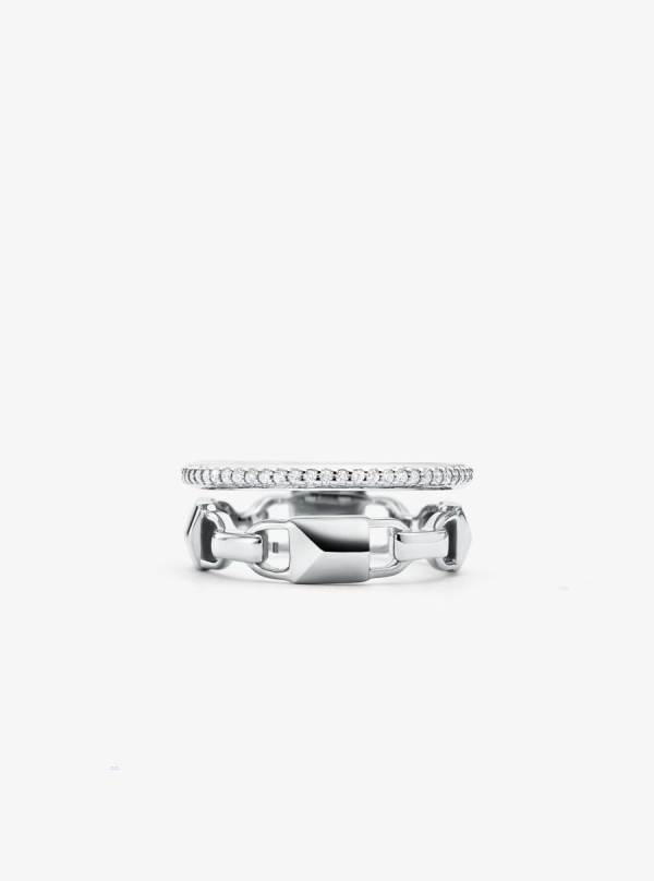 Damske Prstene Michael Kors Precious Metal-Plated Sterling Silver Mercer Link Pavé Halo Strieborne - Šperky Michael Kors Lacne | DILXG-0543